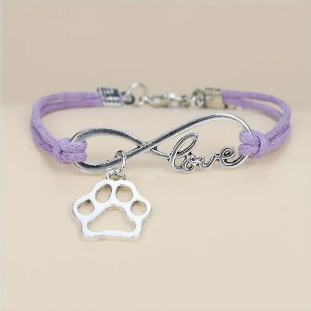 NWT Paw Dog Cat Animal Lover Love Heart Infinity Bracelet Purple Cord Silvery 9"